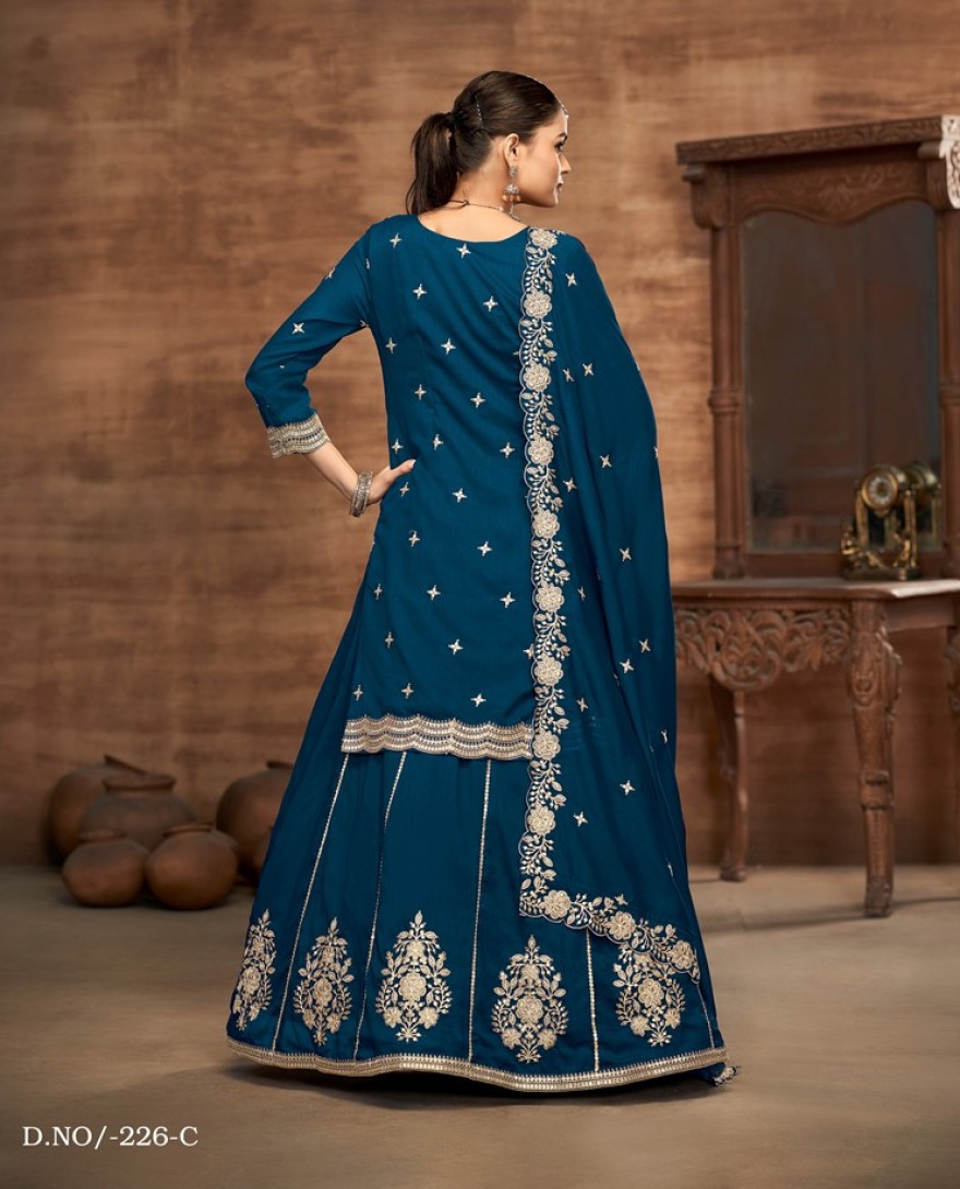 226-blue - Blue Embroidered Traditional Sharara Style Suit.